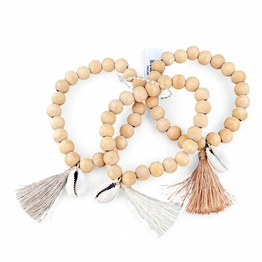 Wood Bead Stretch Bracelet Cowrie Shell and Tassel Boho Wooden Lot of 3